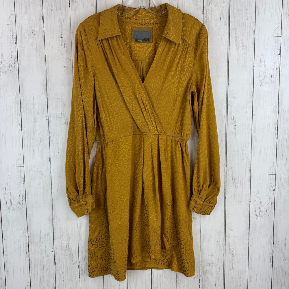 Anthropologie Yellow Gold Metallic Leopard Long Sleeve Mini Dress Size Small - Picture 2 of 15